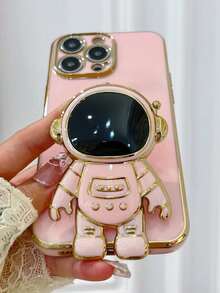 Astronaut Stand Phone Case, Foldable Electroplated Soft Shell Shockproof Protective Cover, Compatible With IPhone 17 16 15 14 13 12 11 XS XR X 7 8 Plus Pro Max, Galaxy S25U S24 S23 A55 A54 A35 A25 A15 A16 A17 A06 A07, 9 10 12 13 14C T A Note 9 10 11 12 13 14, A5 Electroplated Protective Case - Pink - View 6