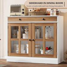 Beaully Kitchen Storage Cabinet, 2 Glass Door Buffet Sideboard With A Large Storage Drawer, Modern White Coffee Bar Cabinet With Adjustable Shelf For Dining Room, Kitchen, Entryway - Oak - View 7
