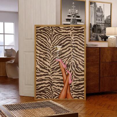 1pc Frameless Pink High Heel Martini Cocktail Zebra Print Pop Art Poster Wall Decor Prints For Living Room, Bedroom, Dorm Room, Vintage Decor