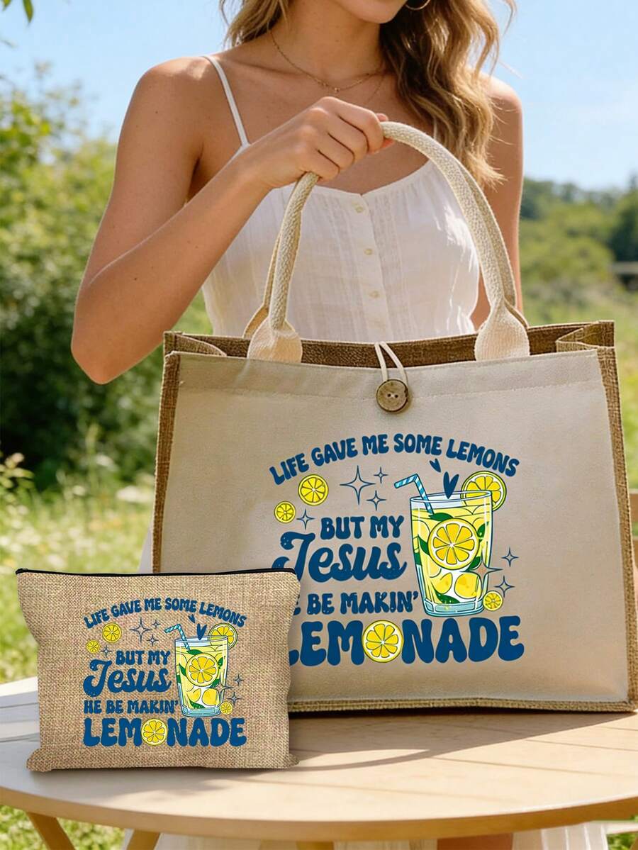 这款多色亚麻手提包套装饰有清新柠檬图案，包含一个大容量手提包和一个拉链化妆包，是一款多功能沙滩包、休闲旅行度假包、时尚旅行洗漱包和多用途购物包，适合海滩旅行、日常购物、教堂活动或外出办事。它是送给女性、家人、朋友、爱人和老师的独特礼物，也是生日、节日、派对、母亲节、度假、婚礼和返校季的理想之选。 - 彩色 - 查看 1