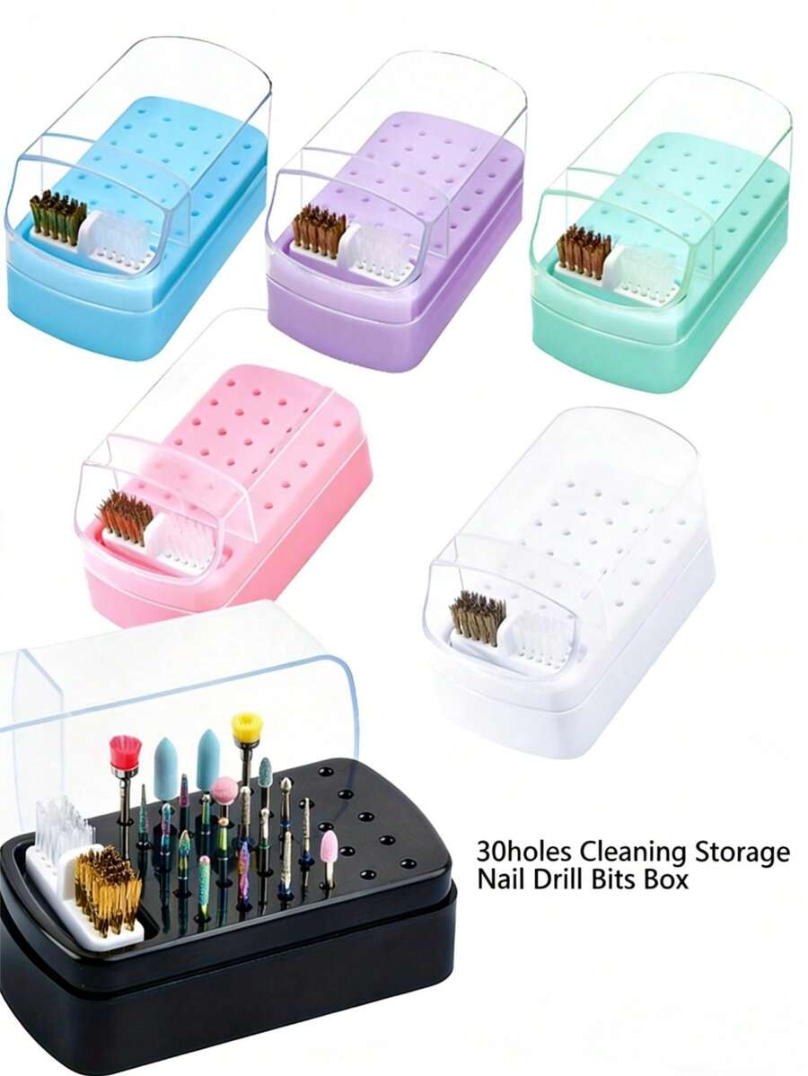 30-Slot Nail Drill Bit Storage Box With Cleaning Brush, Transparent Lid Nail Bit Display Stand, Portable Nail And Foot Care Tool Storage Box, Suitable For Nail Salon And Home Use - Multicolor - View 1