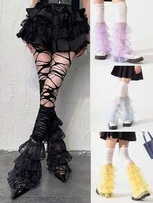 1pc Layered Pearl Beaded Ruffled Contrast Lace Leg Warmer, Y2k, Cozy - Multicolor - View 12