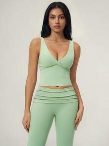 1 Set Women's Solid Color V-Neck Backless Removable Padded Camisole And Flared Leg Pants Sports Suit - 綠色 - 查看 10