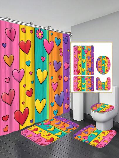 Bộ 1/3/4 món rèm tắm chủ đề trái tim cầu vồng bằng gỗ, kiểu dáng dễ thương và vui nhộn, chống thấm nước và chống mài mòn, kích thước 71in*71in - Rèm ngăn phòng tắm, bao gồm 12 móc - Bao gồm cả bọc bồn cầu, thảm tắm và thảm trải sàn, chất liệu polyester - Có thể giặt - Hoàn hảo cho trang trí ngày lễ, mùa xuân / phòng ngủ / nhà / phong cách phương Tây / trang trí nhà cửa, quà tân gia, trang trí nhà trẻ em, bộ trang trí phòng tắm mùa hè.
