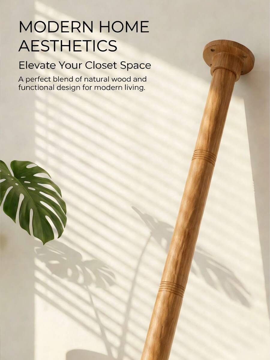 Extendable Wardrobe Support Rod, Drill-Hole Mounted Heavy-Duty Wood Grain Closet Hanging Rod, Wall-Mounted Reinforced Expandable Clothes Support Rod, High Load-Bearing Wardrobe Organizer - Punch-hole Style - View 1