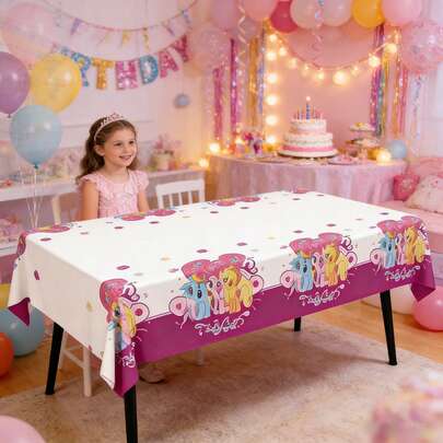 1 Stück Einweg-Tischdecke, Muster mit den Charakteren Twilight Sparkle, Regenbogen Dash, Rarity, Fluttershy, Pinkie Pie, süße Cartoon-Party-Dekoration, Schreibwarenladen Bestseller Schülerparty-Zubehör, wasserdicht und ölbeständige Tischdecke geeignet für Geburtstagsfeiern, Bankette, Klassenaktivitäten, Einschulung, Themenpartys und Feiertagsfeiern, niedliche Party-Dekoration, Geschenk für Mädchen-Fans, Einschulung und Lehrertag Gedenkgeschenk