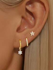 3PCS Classic Pendant Flower Petal Hoop Earrings Set 18K Gold Plated Stainless Steel Zirconia Earring Piercing Jewelry Gift - 1-gold-3pcs - View 1