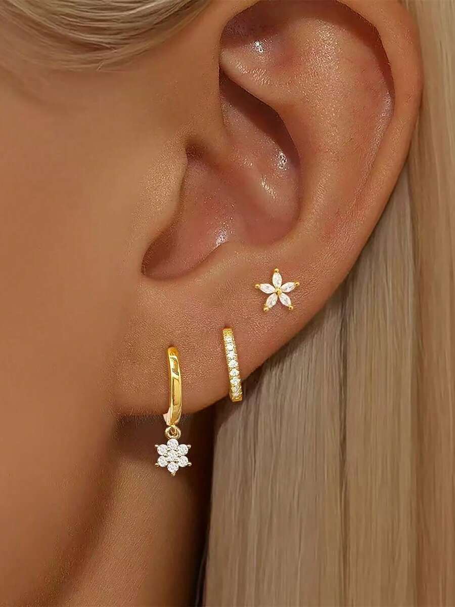 3PCS Classic Pendant Flower Petal Hoop Earrings Set 18K Gold Plated Stainless Steel Zirconia Earring Piercing Jewelry Gift - 1-gold-3pcs - View 1
