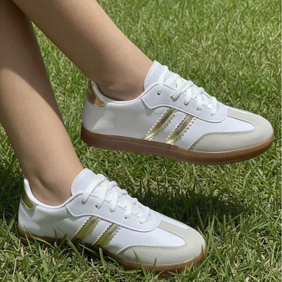 Women's Casual Sneakers - Comfortable For Everyday Use - White/Gold - View 1