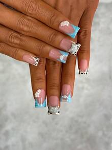 10片装Y2K风鸭嘴美甲贴片套装 - 手工制作，包含粉色、蓝色美甲、蓝色法式美甲、手绘蓝色斑马纹和豹纹图案、白色小花元素装饰、闪亮银色小猫装饰，精致优雅 - 适合女性和女孩，可用于派对、婚礼和日常佩戴 - 彩色 - 查看 3