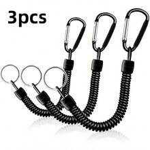 3 piezas Llavero con resorte negro y mosquetón, cuerda de extensible, correa de muñeca multifuncional anti-pérdida - Negro - Ver 1