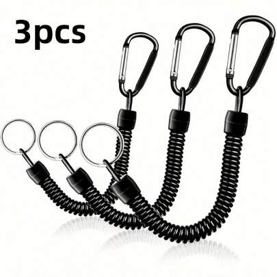 3pcs Black Spring Coil Keychain With Carabiner, Extendable Safety Rope, Multifunctional Anti-Lost Wrist Strap