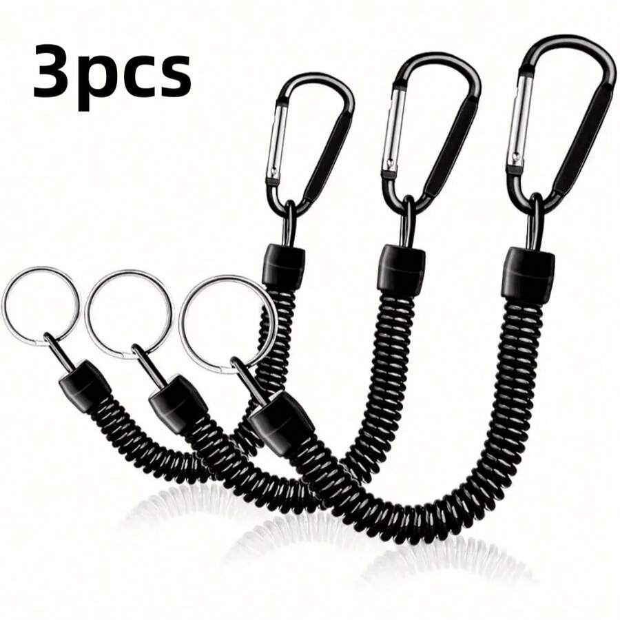 3 piezas Llavero con resorte negro y mosquetón, cuerda de extensible, correa de muñeca multifuncional anti-pérdida - Negro - Ver 1
