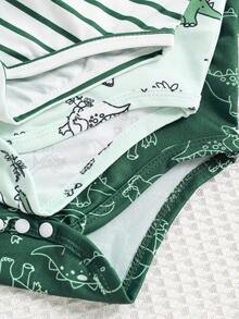 3pcs Cute Striped Dinosaur Infant Newborn Romper Outfit - Green - View 6
