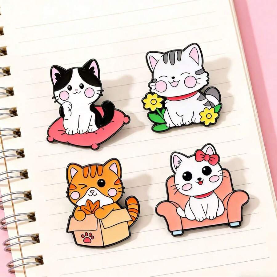 4 PCS New Design Cute Cat Brooch - Alloy Enamel Clothing Bag Decor - Cartoon Cute Healing Style Pet Cat Male And Female Style Badge Brooch