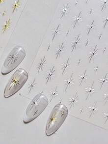 1 pieza de pegatina decorativa para uñas con estrella de plata, láser, brillantes de colores y efecto chispeante, pegatina 3D autoadhesiva para decoración de uñas - Plateado - Ver 2