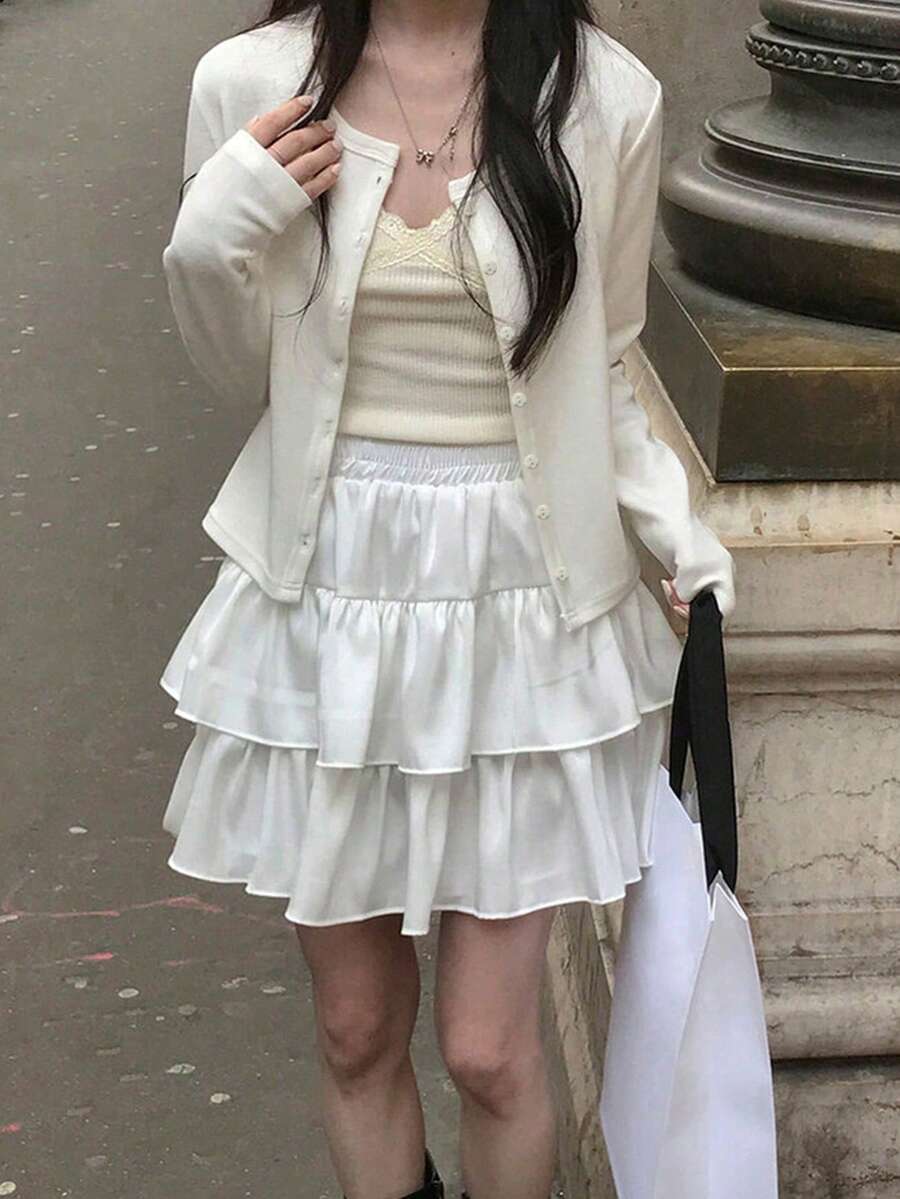春秋甜美顯瘦素色長袖鈕扣上衣 - 白色 - 查看 1