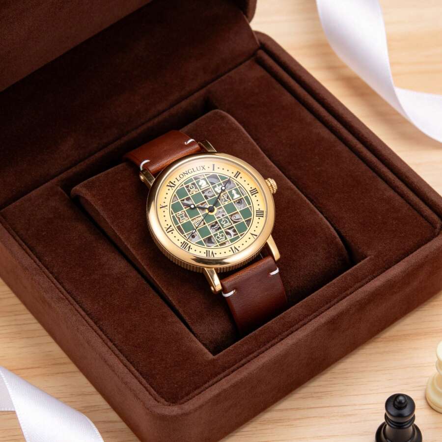 1pc Men's Automatic Mechanical Watch, Chessboard Pattern International Chess Mechanical Wristwatch, Retro Roman Numeral Business Style Leather Strap Watch, Suitable For Daily Wear