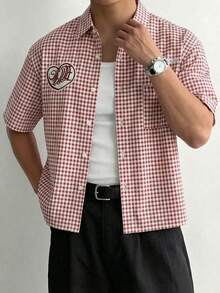 Camisa a cuadros rosa para hombre, parte superior de manga larga a cuadros de corte holgado, camisa casual de botones de ajuste delgado tipo algodón con estilo retro - Multicolor - Ver 2