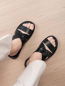 New Spring/Summer Men's Slippers Comfortable Fashionable Cross Strap Design Indoor/Outdoor Sandals - All Black - View 4
