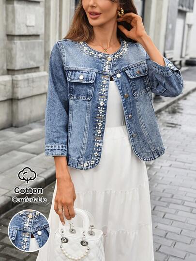Chaqueta vaquera casual de mujer con cuello redondo y adornos de strass