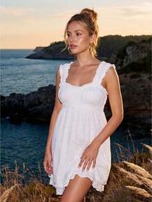 Women Summer Sleeveless Dress Floral Embroidery Loose Party A-Line Dress For Beach Club Streetwear - 白色 - 查看 1