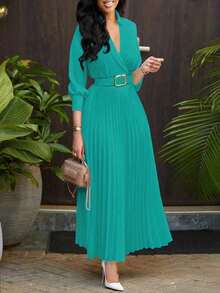 Plus Size Elegant Waist-Cinched Pleated Dress With Belt, Suitable For Spring/Summer, Formal Occasions, Weddings, Birthdays, And Teacher Outfits - Mint Green - View 4