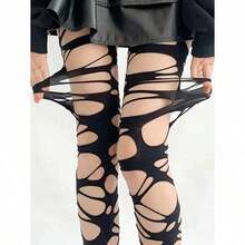 ROMWE Goth Sexy Lady Ripped Fishnet Black Tights - màu đen - Xem 1