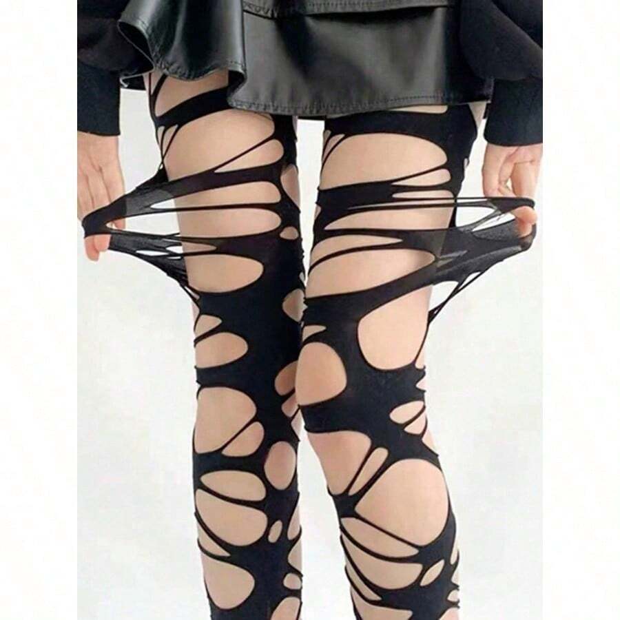 ROMWE Goth Sexy Lady Ripped Fishnet Black Tights - màu đen - Xem 1