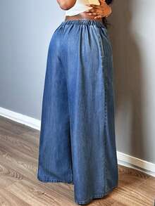 Women's Non-Stretch Drawstring Wide Leg Jeans, Casual Loose Flowy Denim Pants - 中等水洗藍 - 查看 6