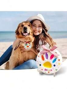 单件装粘土猫狗爪印套装 - DIY纪念套装，包含支架、金色颜料、画笔、模具盒、字母模具和丝带，是宠物生日礼物的理想之选。材质：粘土，包含2袋印泥。 - 均碼 - 查看 2