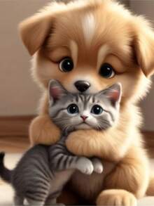 1 Set 30-40 Inch Unframed 5D Diamond Painting DIY Small Dog Hugging Cat, Home Decor, Surprise Gift - Multicolor - View 11