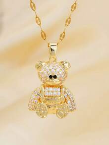 【钛钢】奢华水钻镶嵌小熊项链，女士颈链 - 白色 - 查看 3