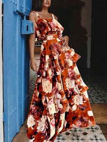 Spring/Summer New Floral Print 2-Piece Set, Ruffled Camisole Top And Maxi Skirt, Bohemian Beach Vacation Casual Outfit For Women - Coral Orange - View 6