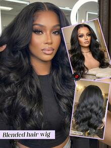 13*4 前蕾丝混合假发，黑色带浅棕色挑染，多层优雅迷人假发，真人发和合成发混合假发，适合日常佩戴、派对、节日和角色扮演，女士发型 - 黑色 - 查看 2