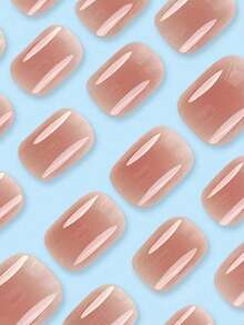 24pcs Reusable Smooth Round Acrylic Nail Stickers, Jelly Gel Nail Wraps, Nude Pink Color, Short Square Shape, Spring/Summer Nail Art Supplies Press On Nails - Pink - View 3