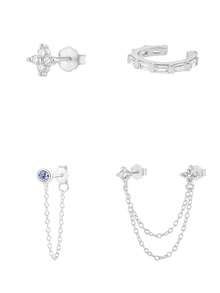 4件套豪华24K镀金立方氧化锆耳环套装，女士锆石花朵耳钉套装，链条吊坠耳环叠戴 - 4pcs/set - 查看 6