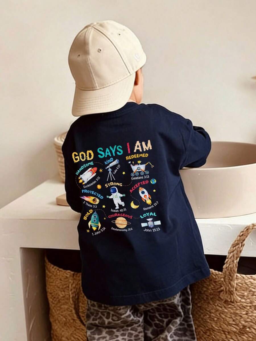 Young Boy Printed Short Sleeve T-Shirt, Summer Top For Active Little Boys - Navy Blue - View 1