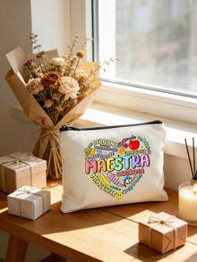 Maestra 教师化妆包，送给女教师的爱心礼物，苹果图案设计，心形印花化妆包，返校铅笔盒，洗漱包，旅行包，毕业生日礼物，教师用品收纳包，创意教师礼物，教师化妆包 - 彩色 - 查看 1