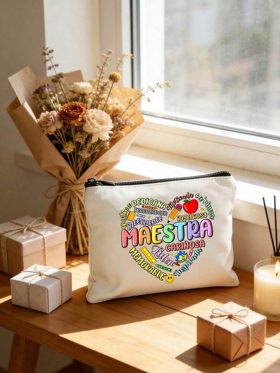 Maestra 教师化妆包，送给女教师的爱心礼物，苹果图案设计，心形印花化妆包，返校铅笔盒，洗漱包，旅行包，毕业生日礼物，教师用品收纳包，创意教师礼物，教师化妆包 - 彩色 - 查看 1