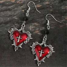 Bông tai nữ đính hạt đen mặt dây chuyền hình trái tim hoa hồng nơ gai và thánh giá phong cách Gothic cổ điển tối màu - Đỏ - Xem 2