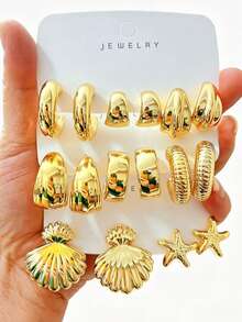 16 piezas Pendientes con estilo francés vintage de conchas y estrellas de mar | Elegantes pendientes de tono dorado para estilizar el rostro, hechos de resina ABS con baño de oro, alta retención de color, bajo nivel de alergia, aptos para uso diario, citas, fiestas y regalos - Dorado - Ver 12