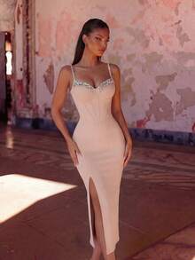 ADYCE Women's Handmade Crystal Embellished Spaghetti Strap High Waist Open Back Slit Strapless Dress, Party/Wedding Guest Dress, Buttercream Spring - Apricot - View 5