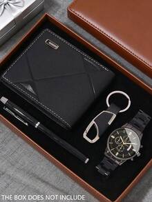 Set Jam Tangan Quartz Minimalis untuk Pria, 4 Buah/Set, Termasuk Kotak Jam Tangan Hitam, Dompet, Pulpen, dan Gantungan Kunci. Berfokus pada Desain Bisnis Profesional dan Warna Hitam yang Elegan, Tali Jam Tangan Tahan Lama dan Berkualitas Tinggi; Dompet Memberikan Penyimpanan Praktis, Pulpen Menulis dengan Lancar, dan Gantungan Kunci Portabel dan Tahan Lama. - Hitam - View 6