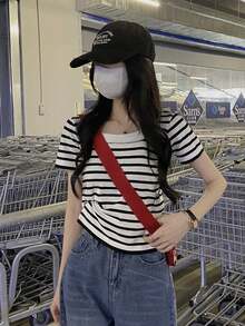 Women's Striped Design Contrast Color Short Sleeve Knit Top, Minimalist & Stylish Summer Wear White - White - View 2