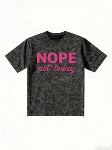 Vintage Washed Slogan Print T-Shirt, Retro Attitude Aesthetic Casual Short Sleeve, Street Style Black - Black - View 3