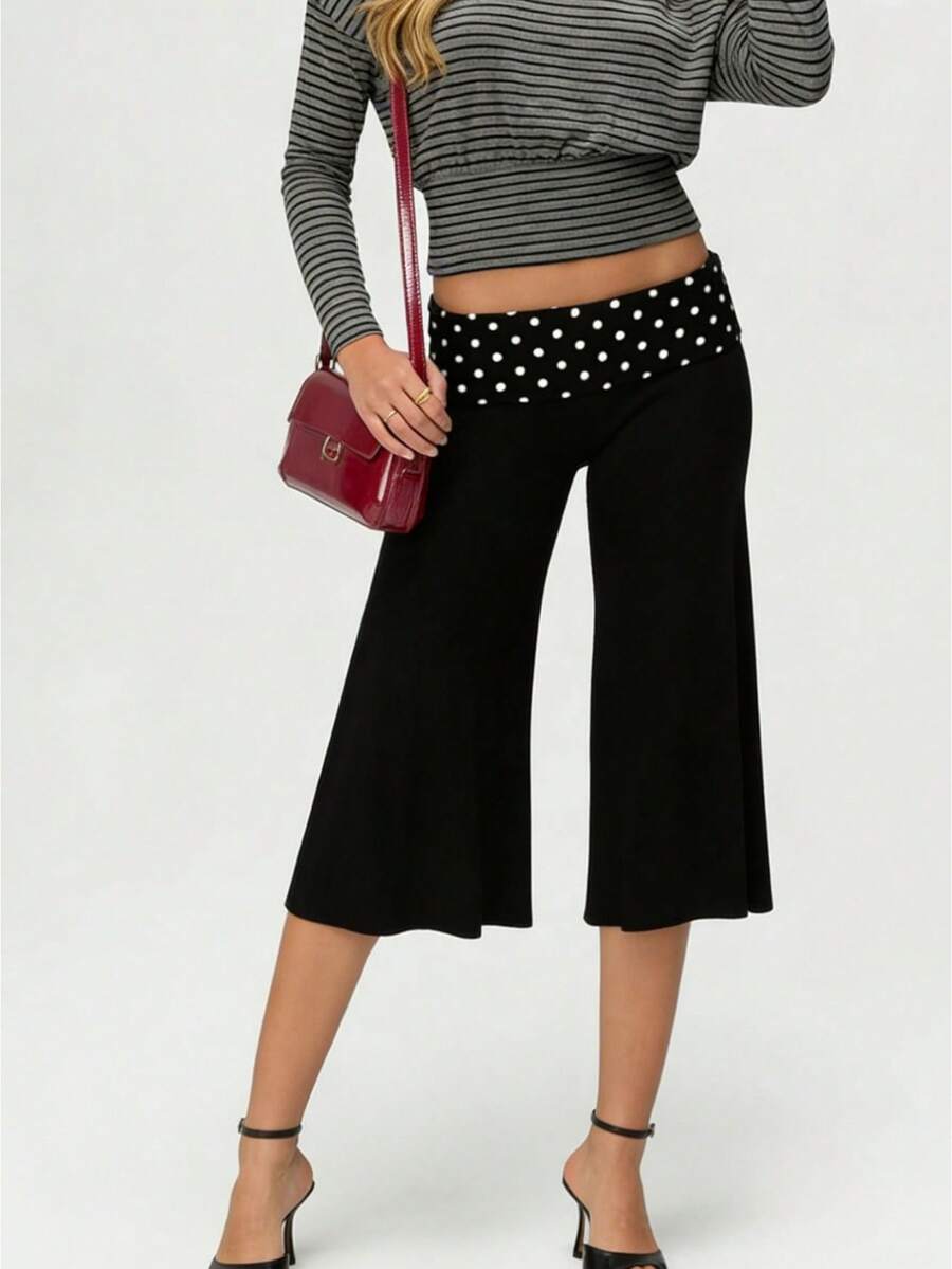 Women's Y2k Fold Over Waist Yoga Capri Pants Fashion Casual Solid Color/Striped/Polka Dot Stretchy Low Rise Wide Leg Crop Pants Light Weight Comfy Lounge Capri Pants - 白色 - 查看 1