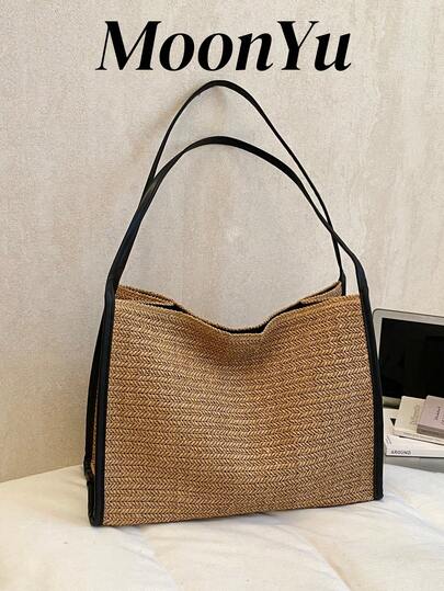 Women's Tote Bag Straw Shoulder Bag, Large Capacity Vacation Shopping Commute Khaki