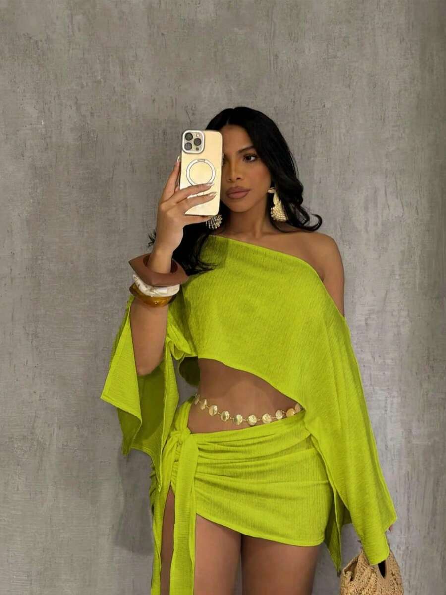 Boho 2 Piece Outfits Textured Off Shoulder Batwing Sleeve Top & Tie Side Skirt Set, Sexy Solid Seaside Vacation 2 Piece Outfits Trajes Elegantes De Mujer Summer Beach Resort Wear - 綠色 - 查看 1