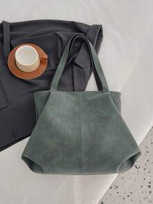 Large Capacity Tote Bag, Retro Faux Leather Handbag With Front Pocket, Suitable For Work And Travel - Green - View 4